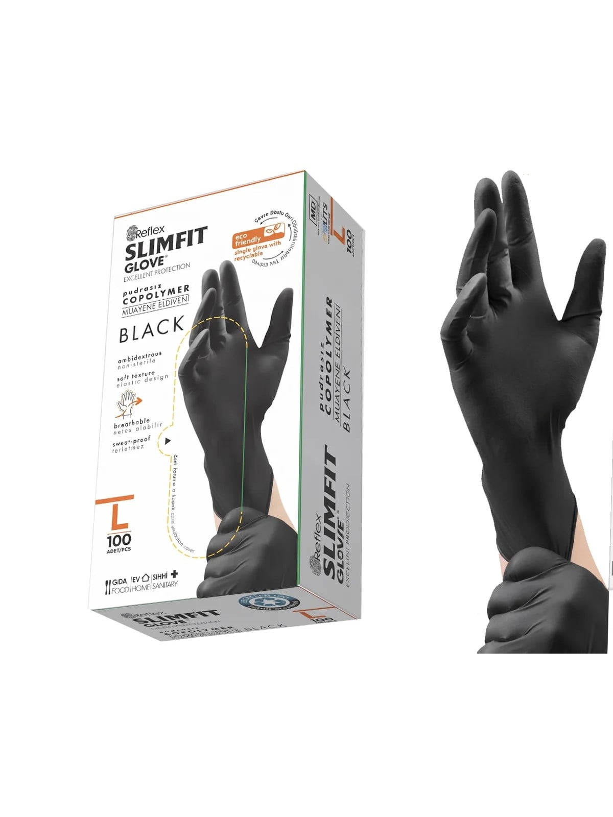 REFLEX SLİMFİT L/XL Beden Copolymer Pudrasız Muayene Eldiveni Siyah