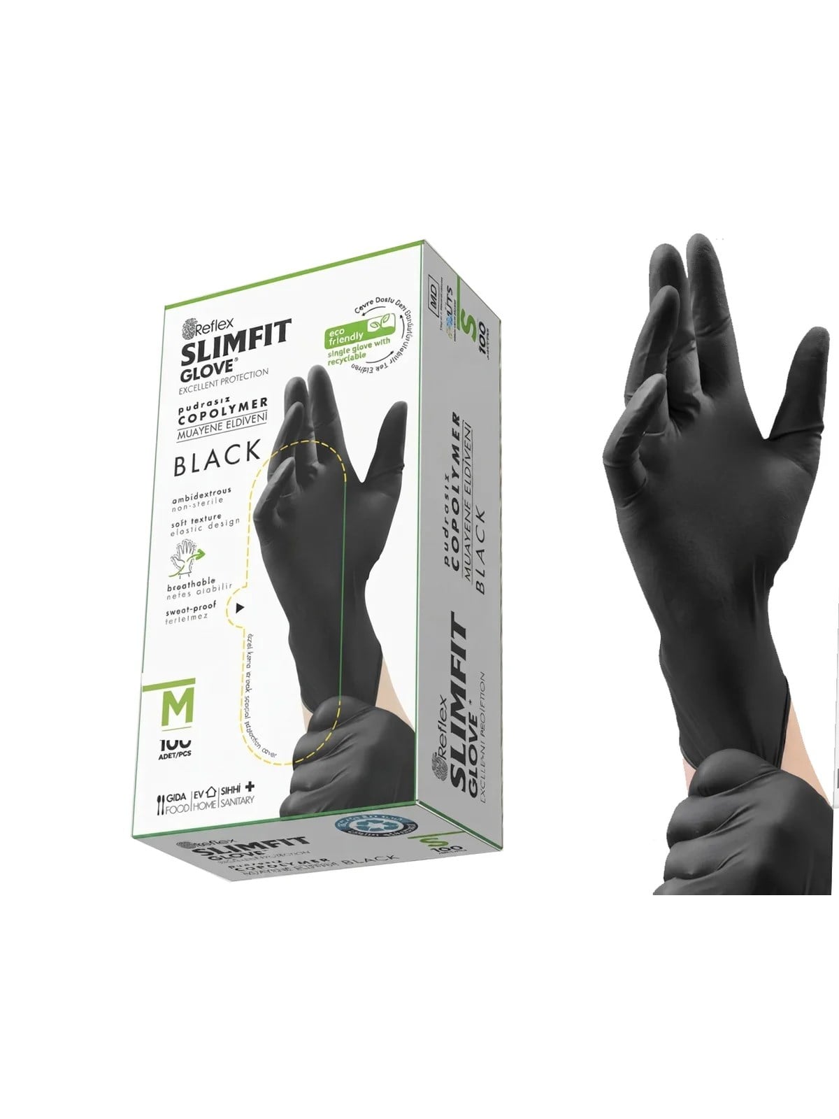 REFLEX SLİMFİT M Beden Copolymer Pudrasız Muayene Eldiveni Siyah