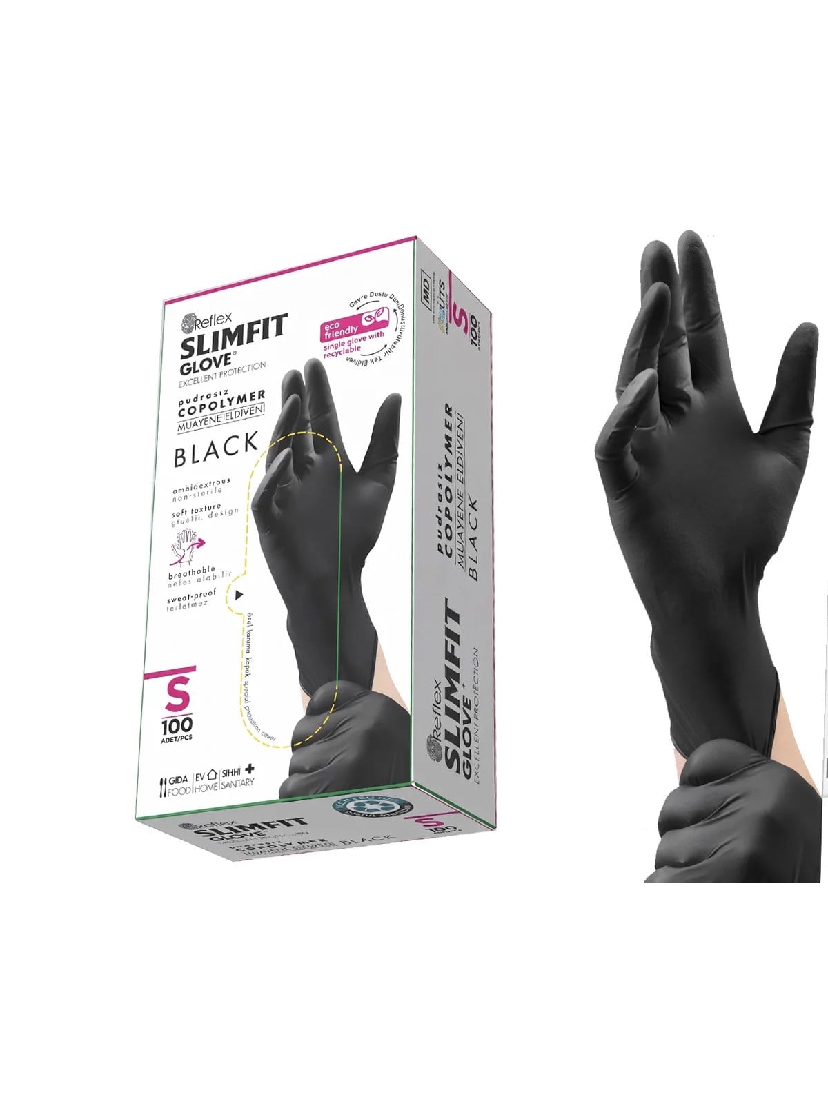 REFLEX SLİMFİT S Beden Copolymer Pudrasız Muayene Eldiveni Siyah