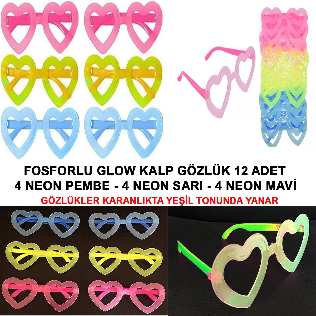 Retro Neon Fosforlu Kalp Gözlük 12 Adet – 80’ler 90’lar Parti Stili
