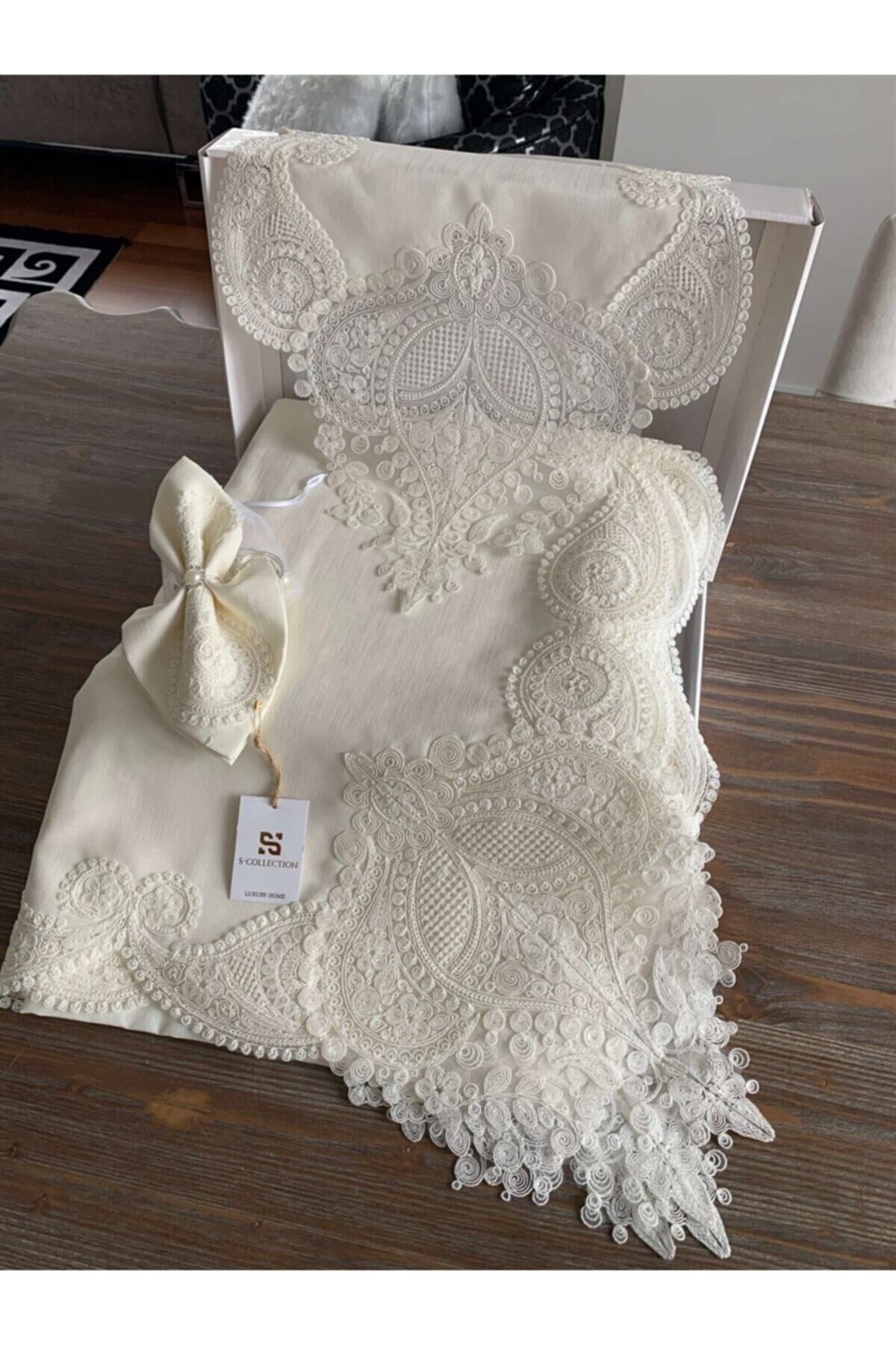 Salkım Masa Örtüsü 12 Kişilik Linen Kumas Krem Sofra Takımı