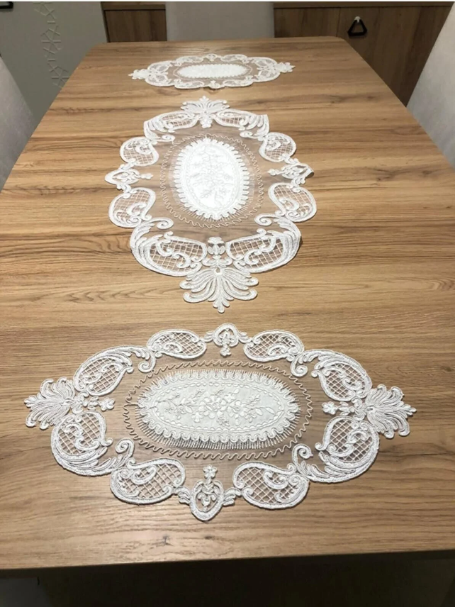 Salon Oda Takımı Dantelli Runner Set Üç Parça
