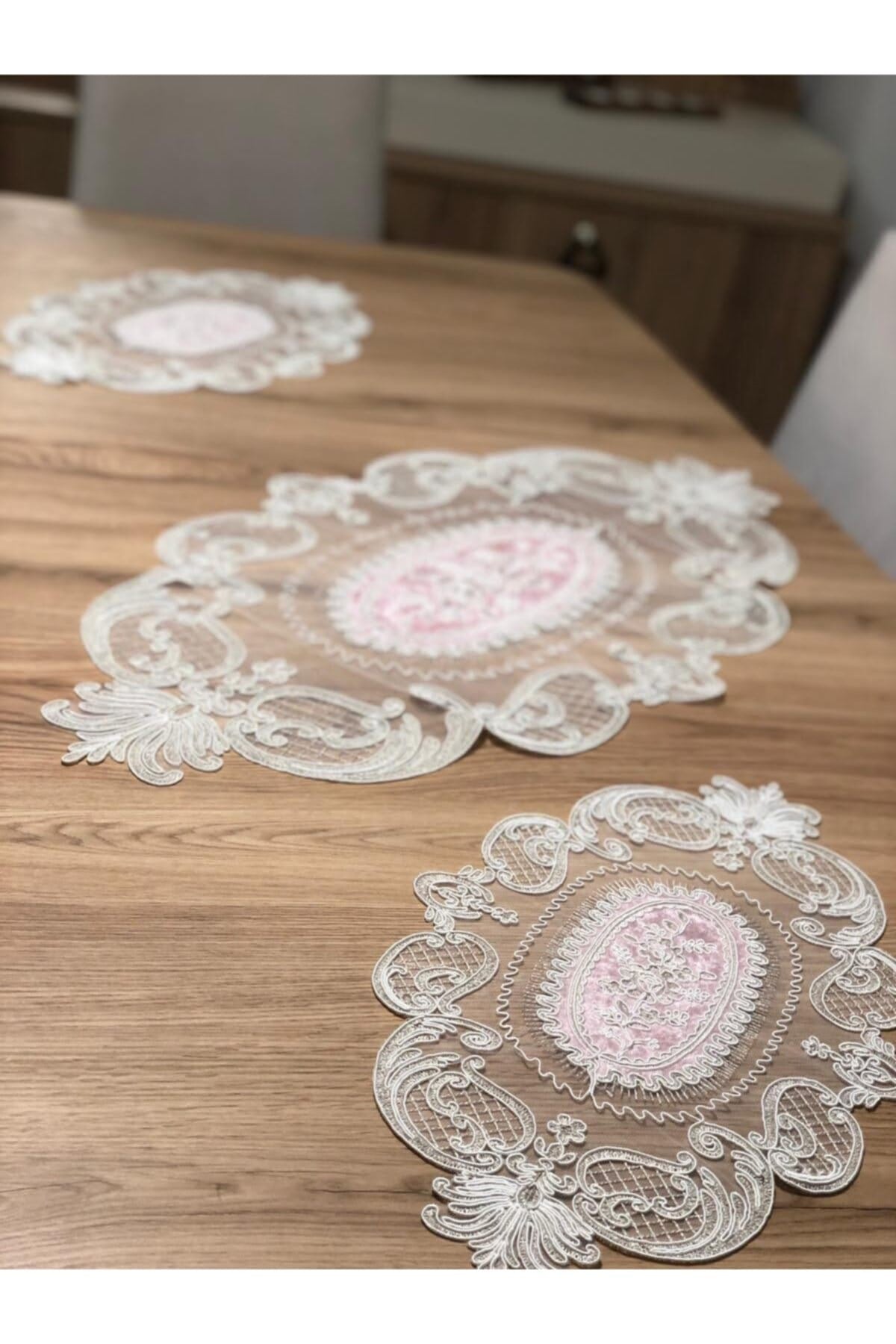 Salon Oda Takımı Dantelli Runner Set Üç Parça