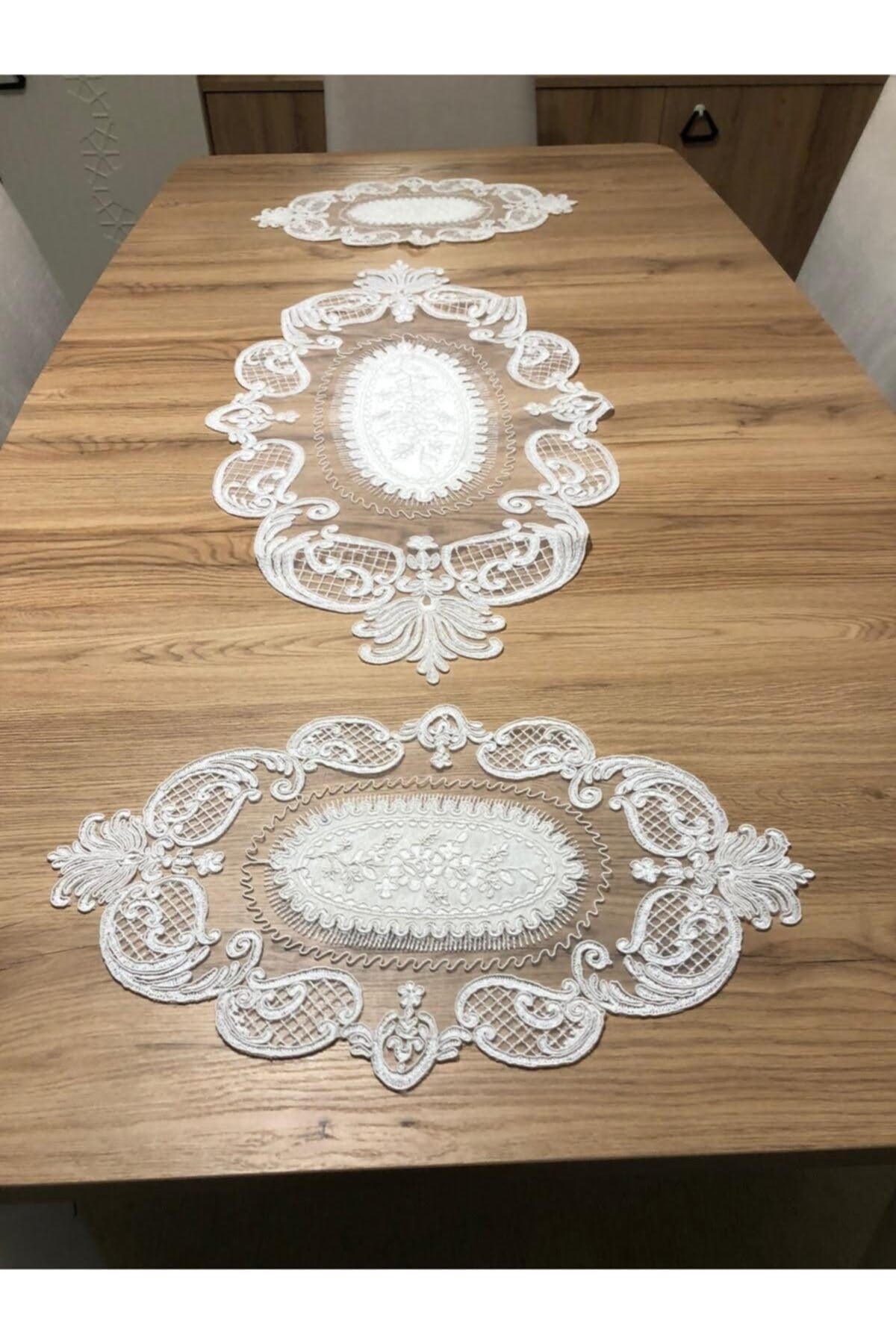 Salon Oda Takımı Dantelli Runner Set Üç Parça