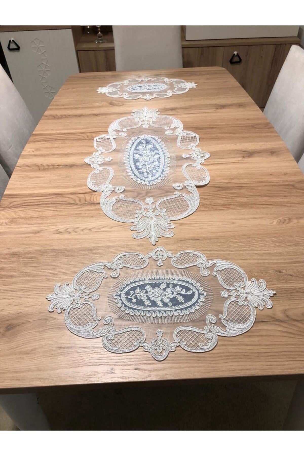 Salon Oda Takımı Dantelli Runner Set Üç Parça