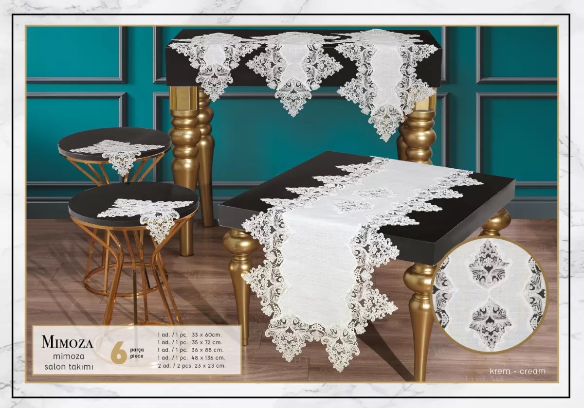 Salon Takımı 5 Parça Dantel Masa Örtüsü Runner Seti Çeyizlik Mimoza Model No 666Krem
