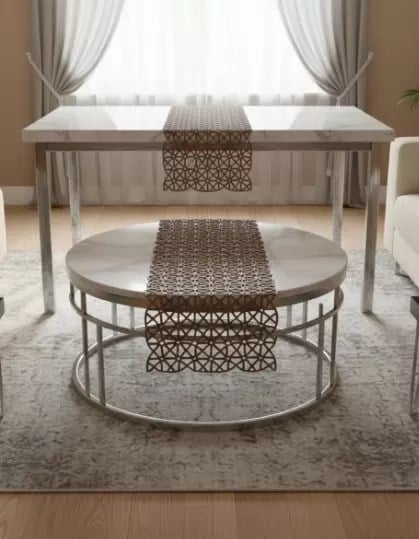 Salon Takımı 5 Parça Dantel Masa Örtüsü Runner Seti Kahverengi Angles Model No 856