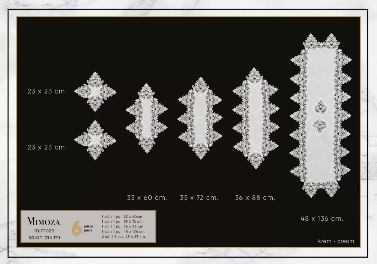 Salon Takımı 5 Parça Dantel Masa Örtüsü Runner Seti Çeyizlik Mimoza Model Krem
