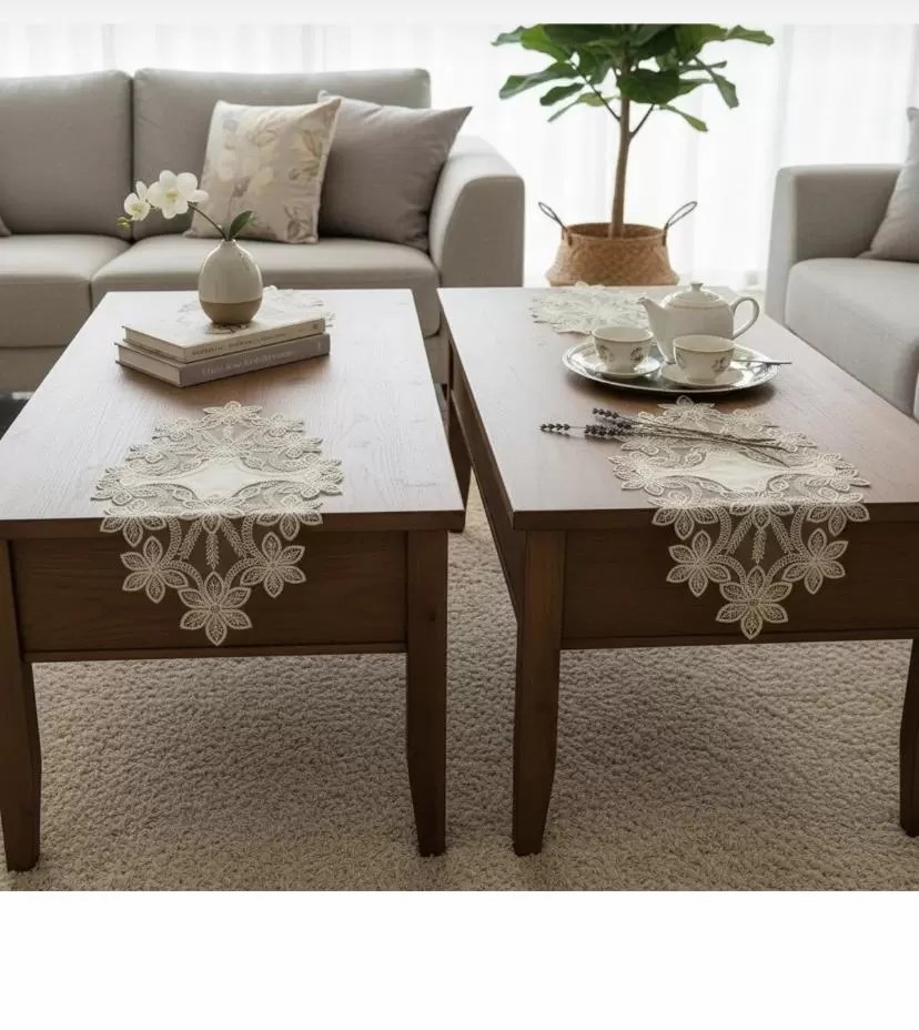 Salon Takımı 5 Parça Dantelli Keten Masa Örtüsü Runner Seti Çeyizlik Selena Model Krem