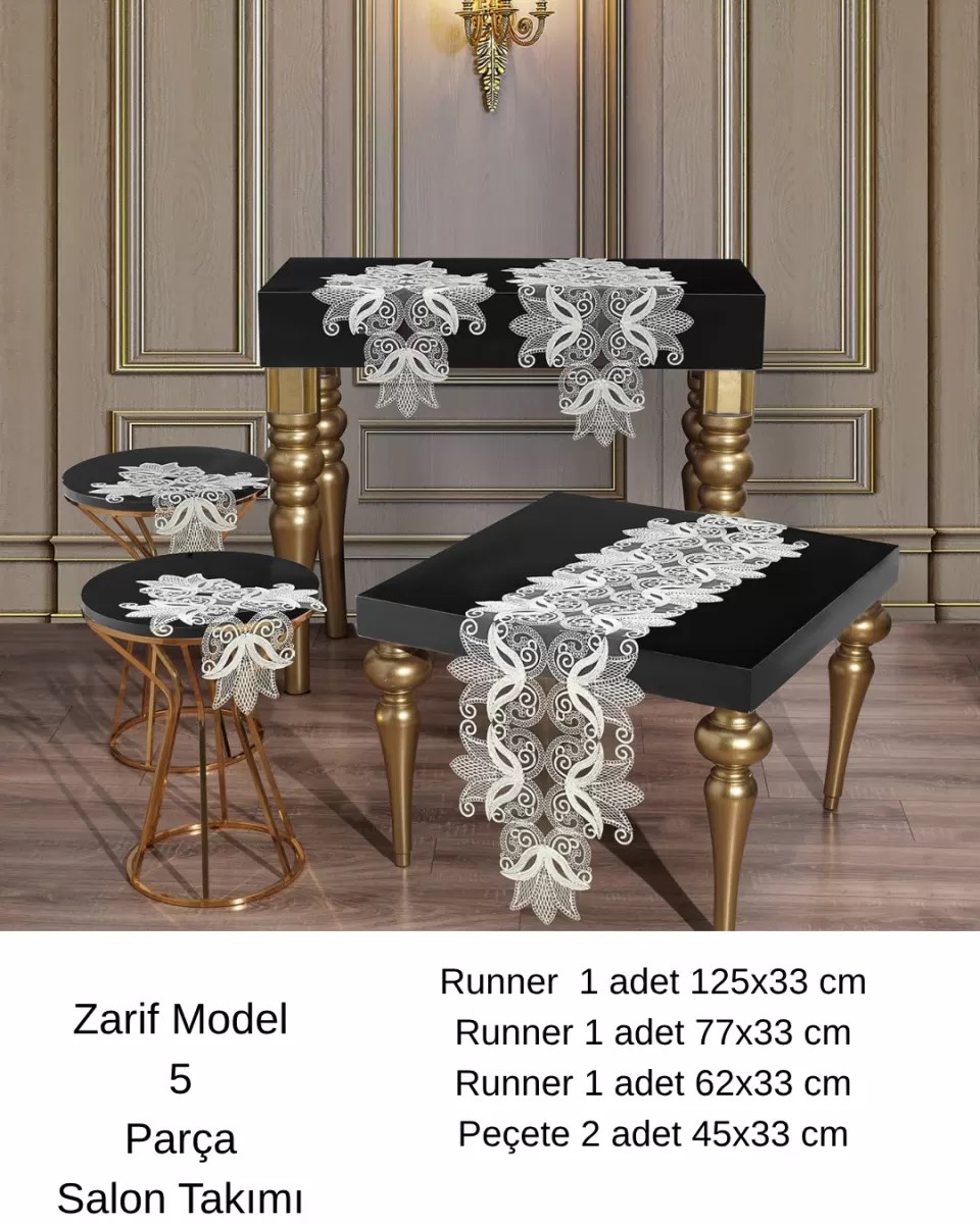 Salon Takımı 5 Parça Dantelli Masa Örtüsü Runner Seti Çeyizlik Zarif Model Simli Oksit Renk