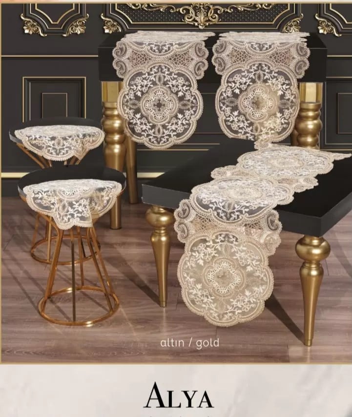 Salon Takımı 5 Parça Dantelli Masa Örtüsü Runner Seti Alya Model No124 - Gold