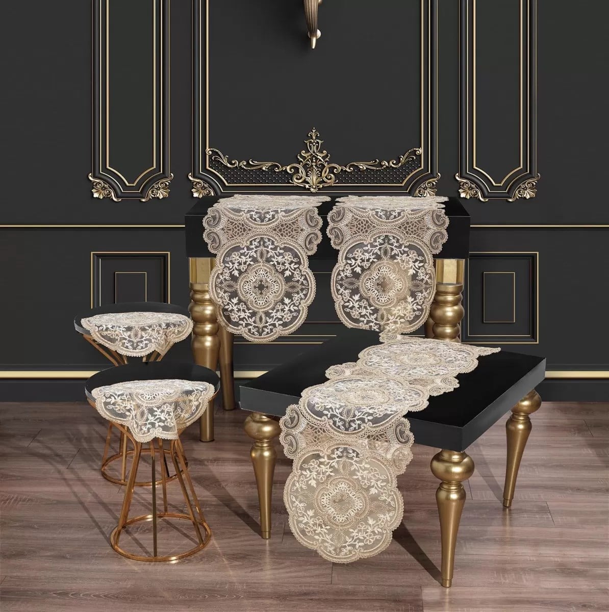 Salon Takımı 5 Parça Dantelli Masa Örtüsü Runner Seti Alya Model No124 - Gold