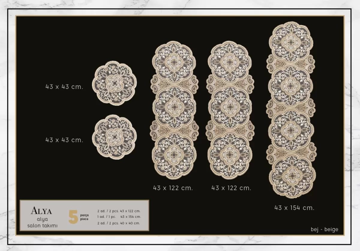 Salon Takımı 5 Parça Dantelli Masa Örtüsü Runner Seti Alya Model No124 - Gold