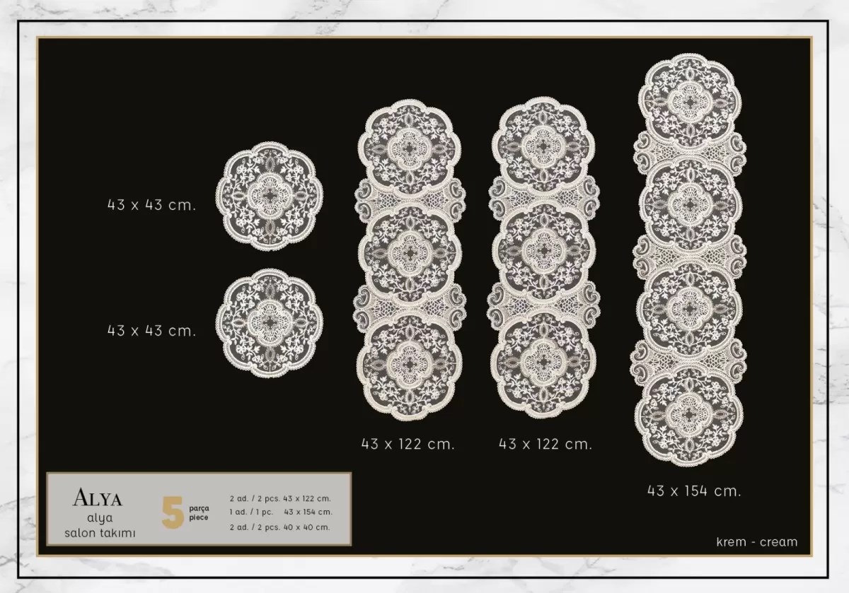 Salon Takımı 5 Parça Dantelli Masa Örtüsü Runner Seti Alya Model - Krem