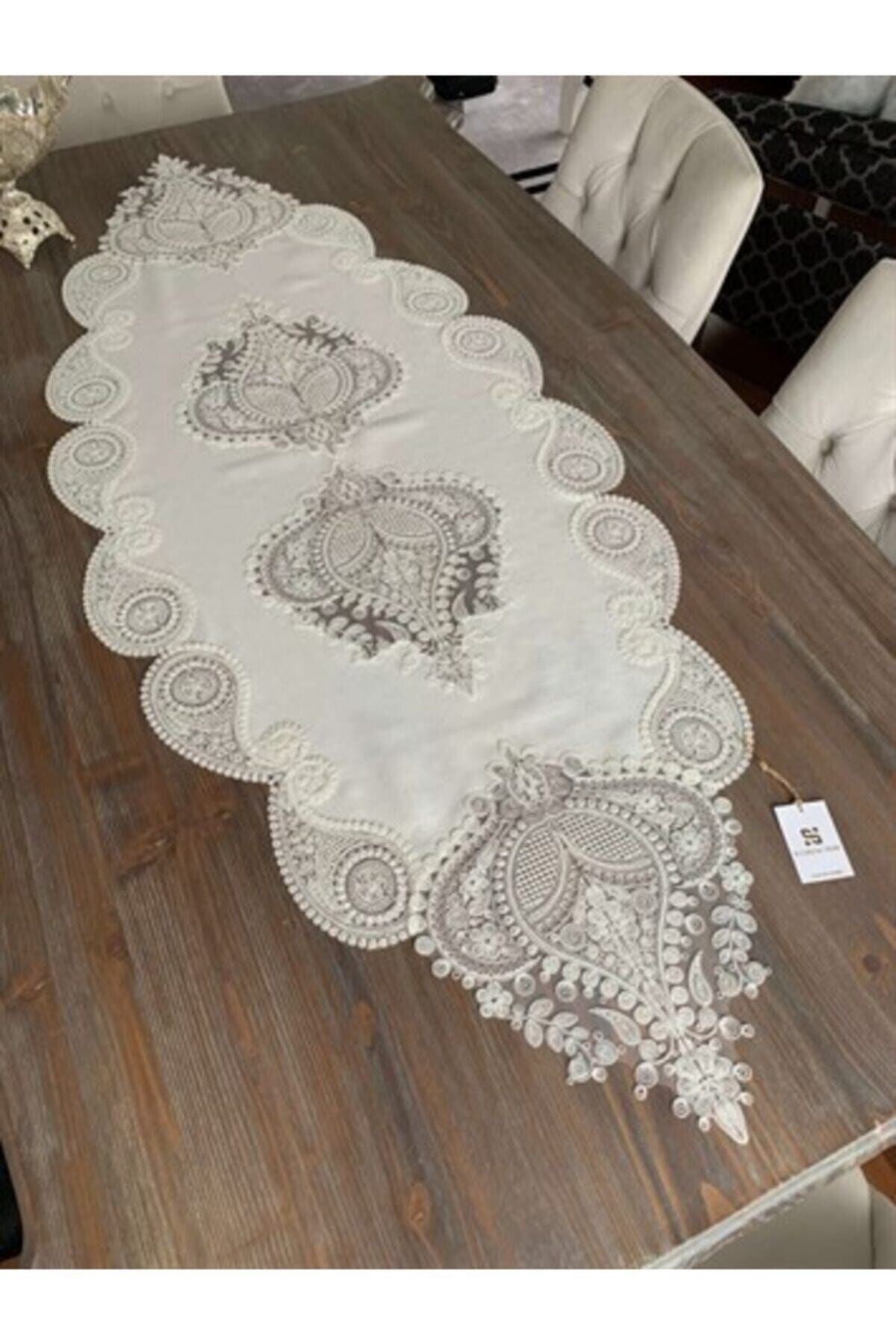 Salon Takımı 5 Parça Keten Dantelli Krem