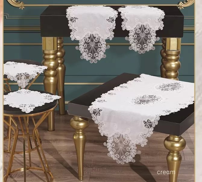 Salon Takımı 5 Parça Keten Dantelli Masa Örtüsü Runner Seti Anna Model - Krem