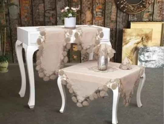 Salon Takımı 5 Parça Keten Dantelli Masa Örtüsü Runner Seti Çeyizlik Flowers Model No 9964 Kapiçino