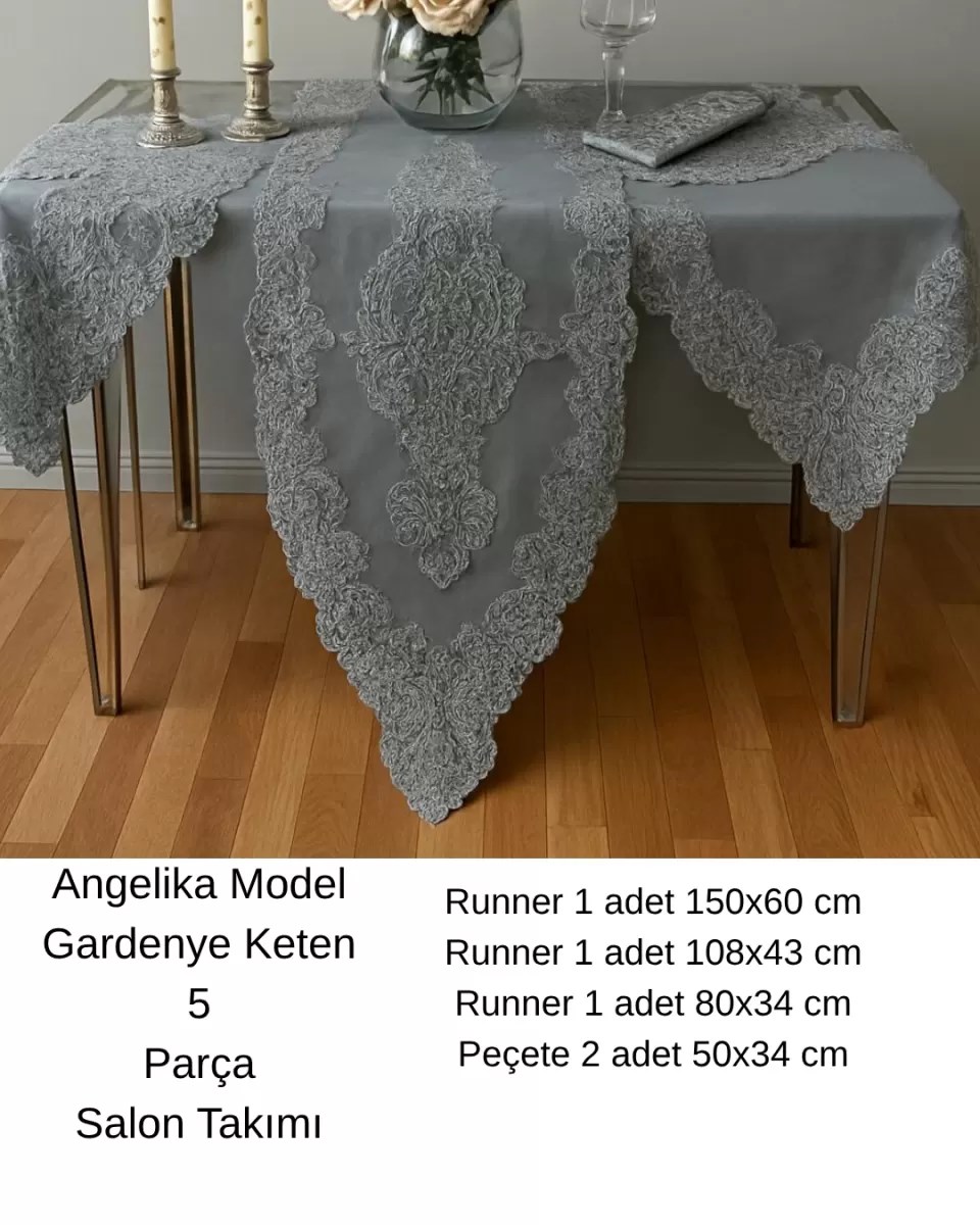 Salon Takımı 5 Parça Keten Dantelli Masa Örtüsü Runner Seti Angelika Model -236 Simli Gri