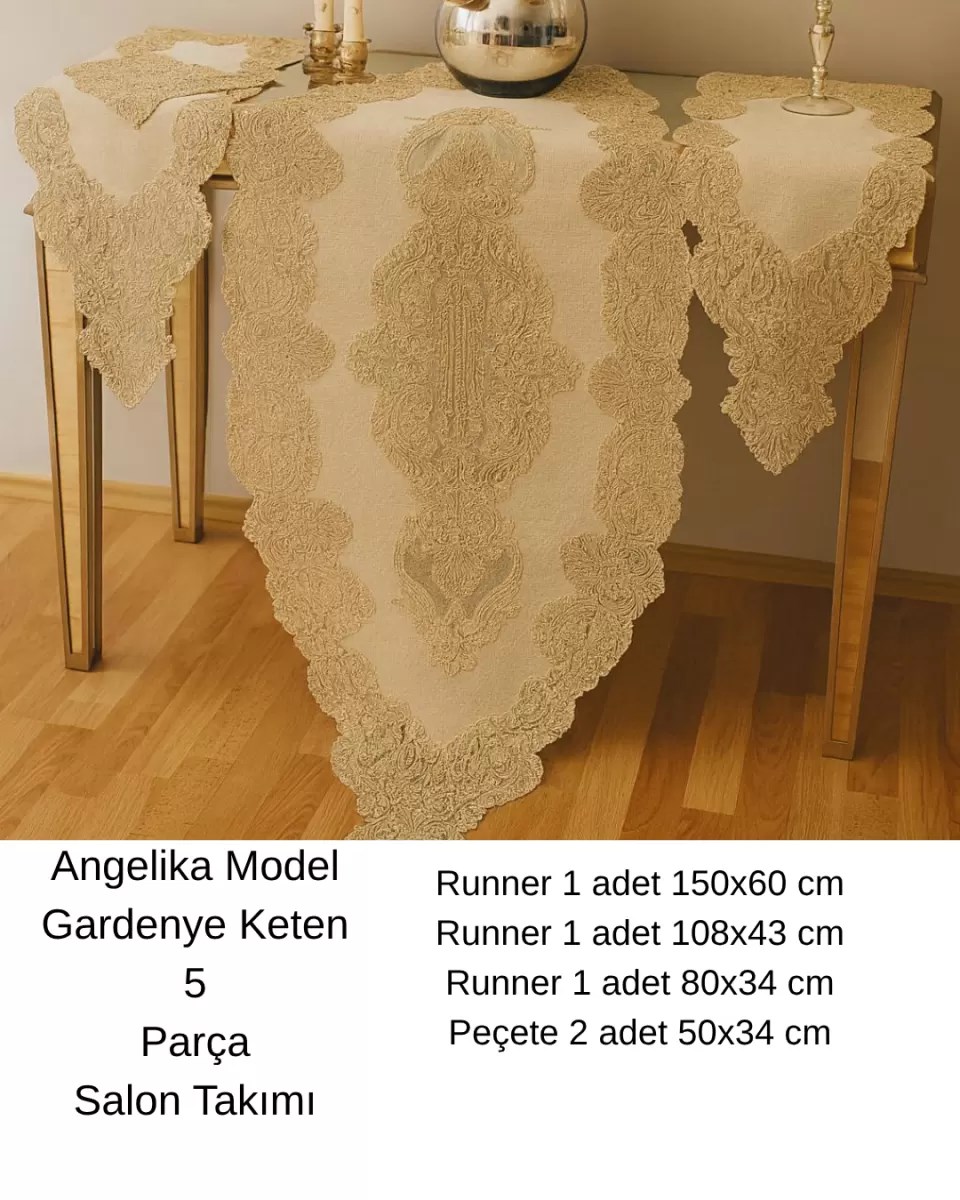 Salon Takımı 5 Parça Keten Dantelli Masa Örtüsü Runner Seti Angelika Model 236- Simli Gold - 150 x 60 cm