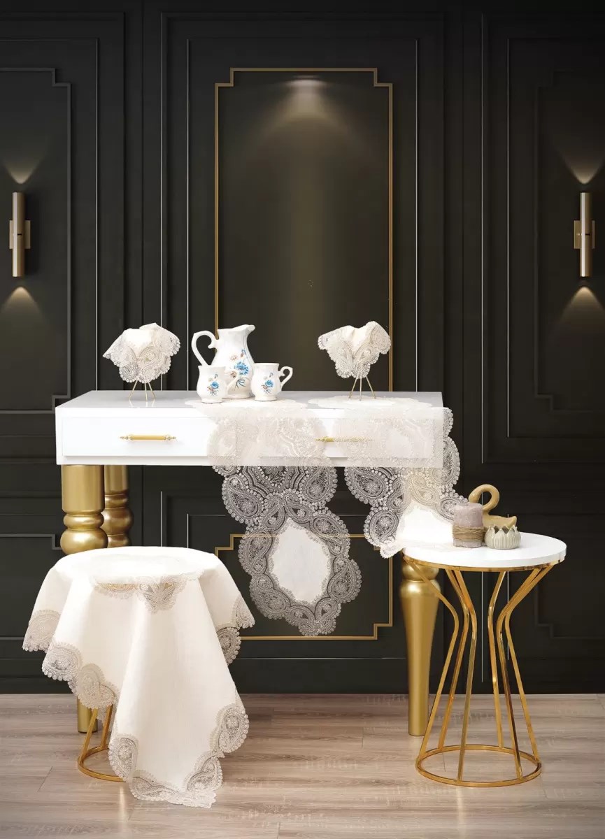 Salon Takımı 5 Parça Keten Dantelli Masa Örtüsü Runner Seti Bellisima Model No 800 -Krem-Kapiçino