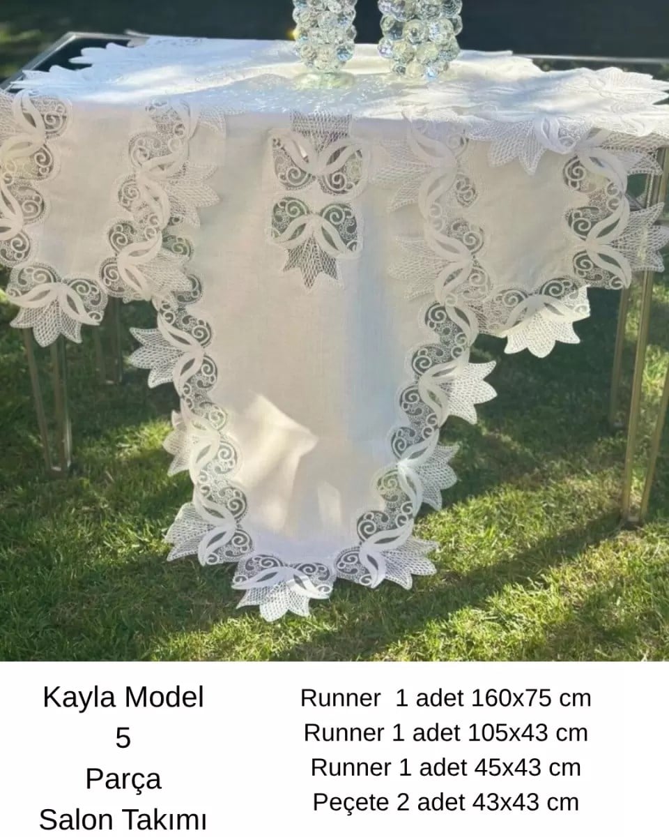 Salon Takımı 5 Parça Keten Dantelli Masa Örtüsü Runner Seti Çeyizlik Kayla Model Krem-Krem