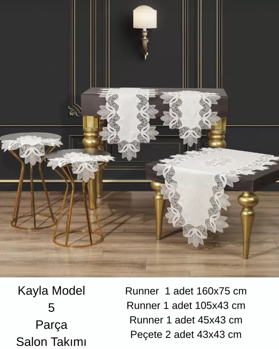 Salon Takımı 5 Parça Keten Dantelli Masa Örtüsü Runner Seti Çeyizlik Kayla Model Krem-Gümüş