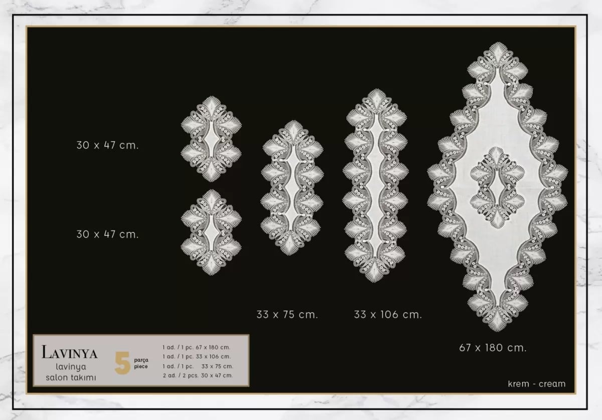 Salon Takımı 5 Parça Keten Dantelli Masa Örtüsü Runner Seti Çeyizlik Lavinya Model No 2 Krem-Krem