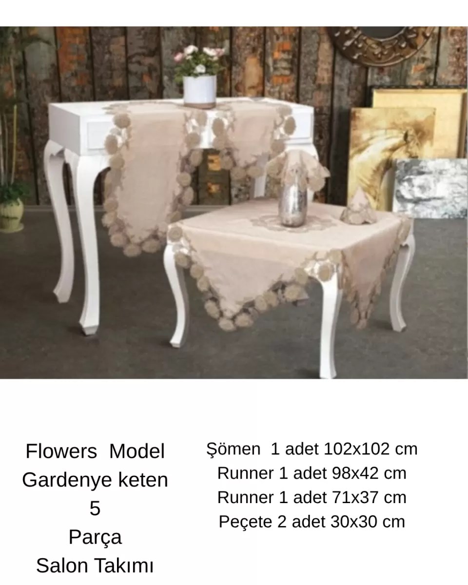 Salon Takımı 5 Parça Keten Dantelli Masa Örtüsü Runner Seti Çeyizlik Flowers Model No 9964 Kapiçino
