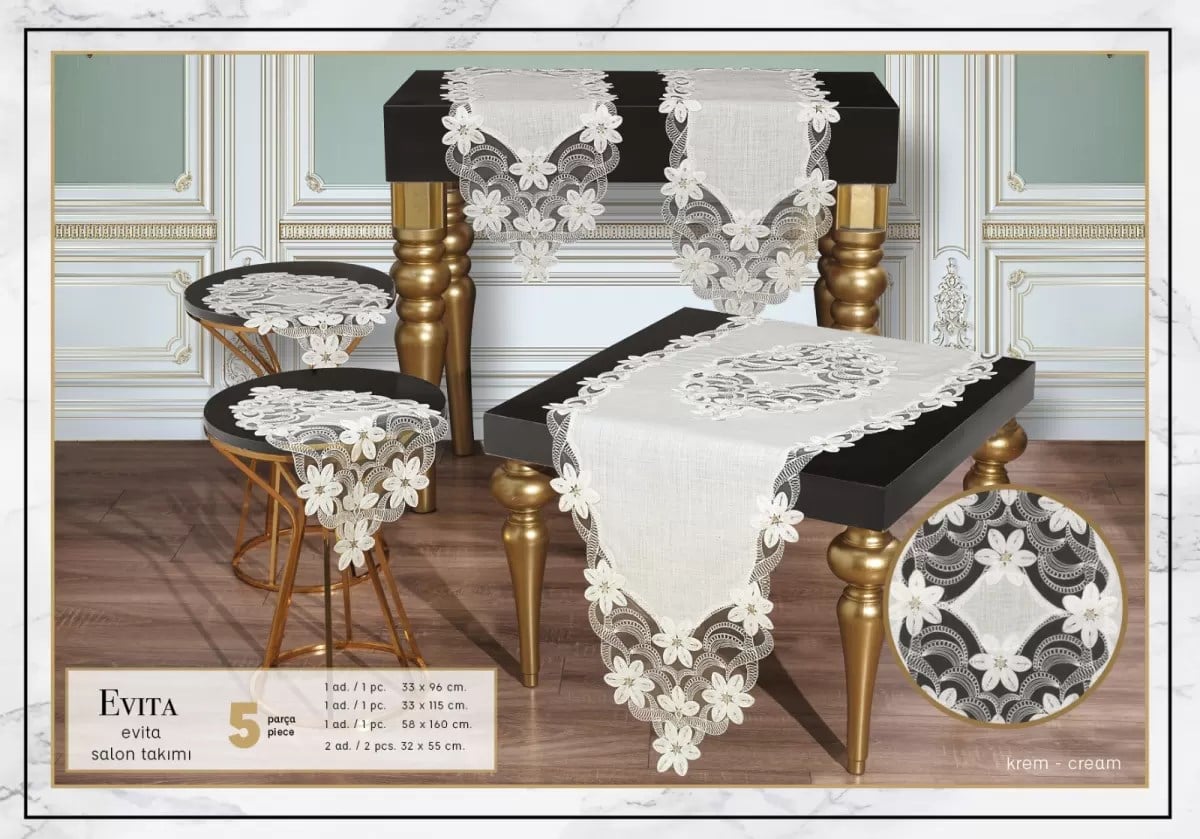 Salon Takımı 5 Parça Keten Dantelli Masa Örtüsü Runner Seti Evita Model -Krem-Krem