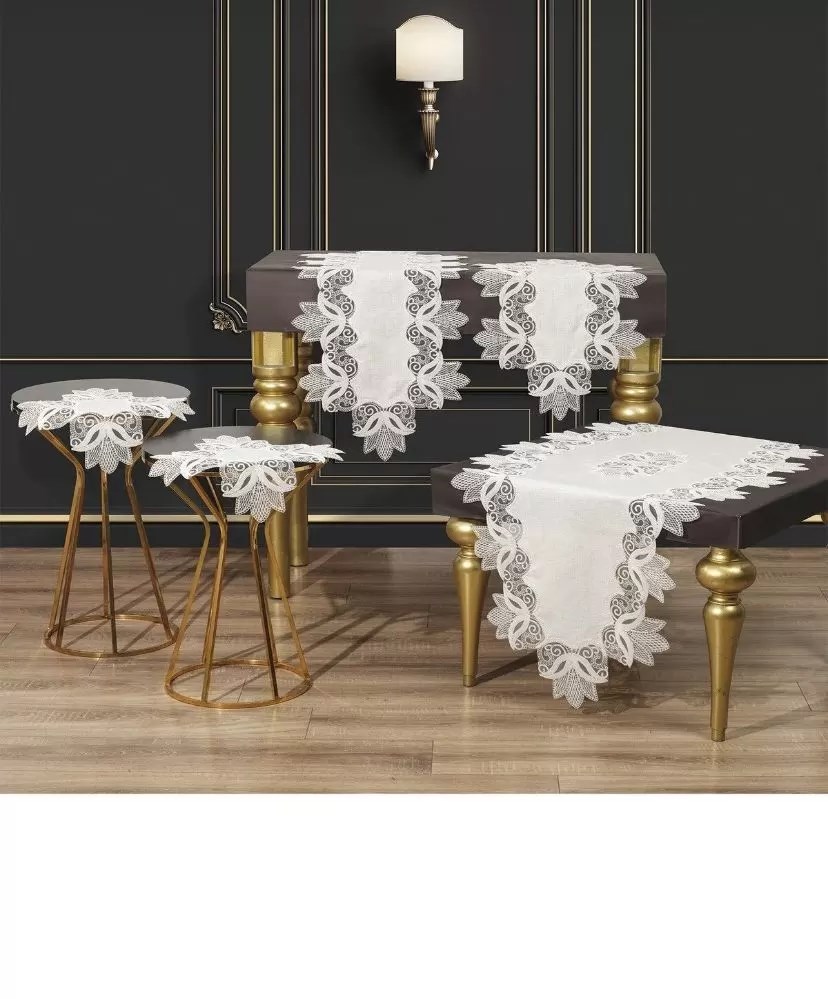 Salon Takımı 5 Parça Keten Masa Örtüsü Runner Seti Çeyizlik Kayla Model No 22252 Krem-Gümüş