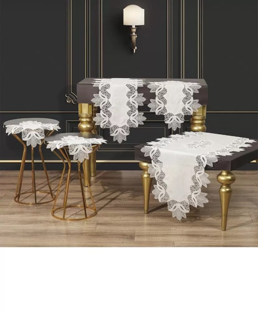Salon Takımı 5 Parça Keten Masa Örtüsü Runner Seti Çeyizlik Kayla Model No 22252 Krem-Gold