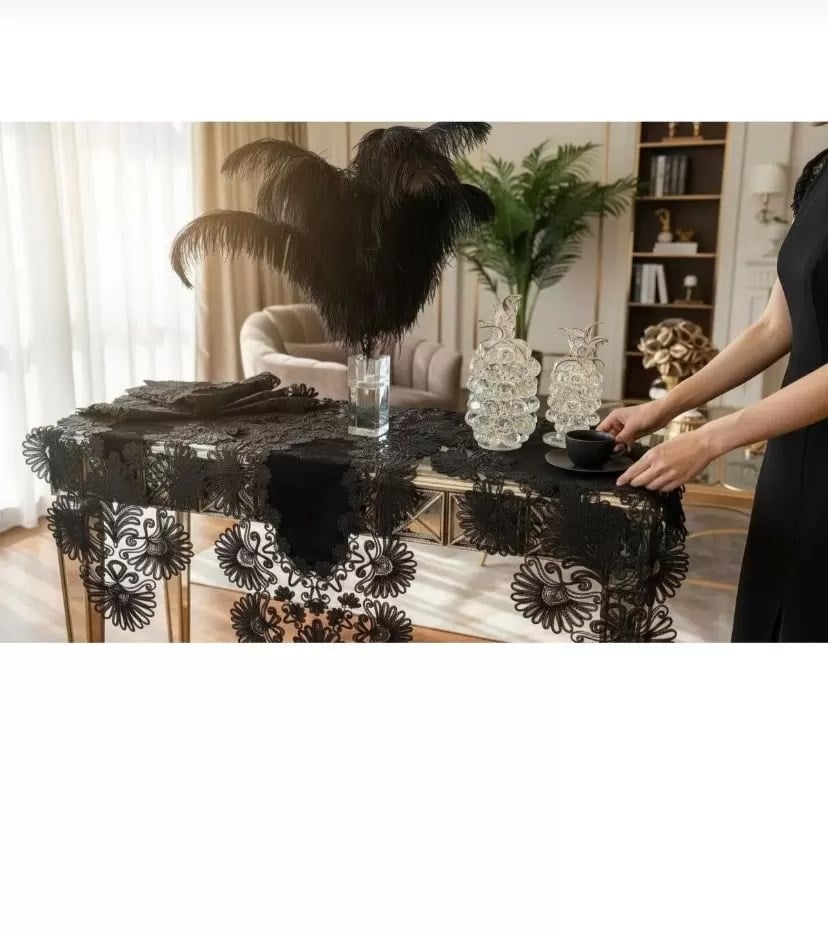 Salon Takımı 5 Parça Keten Masa Örtüsü Yolluk Seti Çeyizlik Palmiye Model No 2656560 Siyah