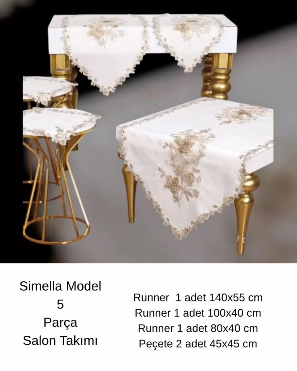 Salon Takımı 5 Parça Nakış İşlemeli Simella Model Krem-Kapi Masa Örtüsü Runner Seti