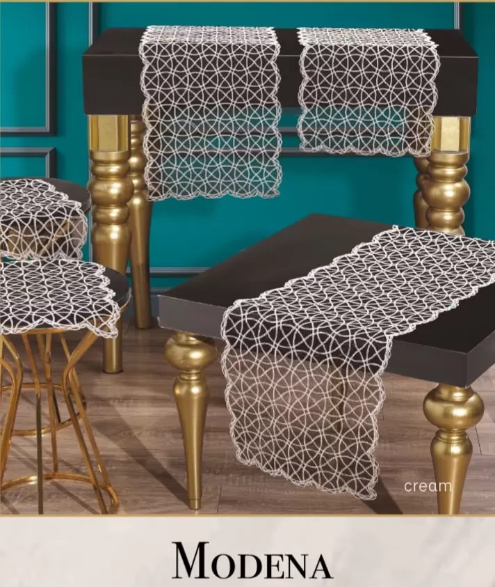 Salon Takımı 5 Parça Tül İşlemeli Masa Örtüsü Yolluk Seti Çeyizlik Modena Model No 11242 Krem