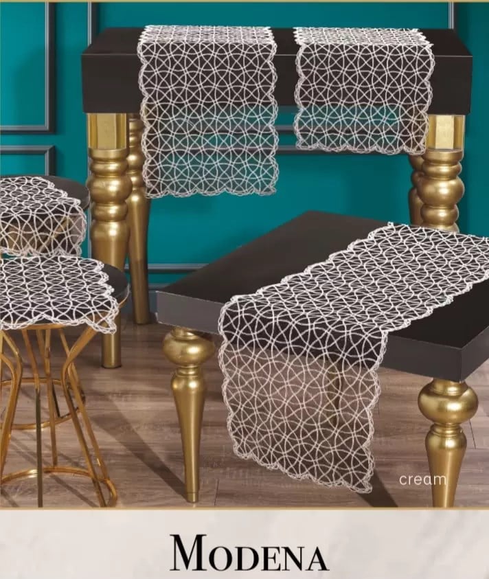 Salon Takımı 5 Parça Tül İşlemeli Masa Örtüsü Yolluk Seti Çeyizlik Modena Model No 11242 Krem