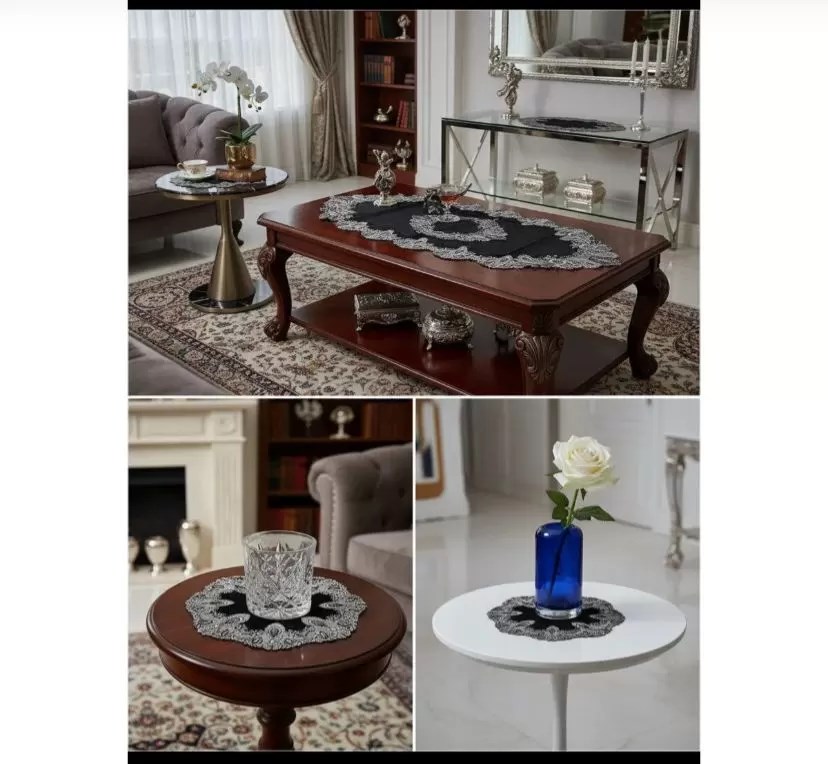Salon Takımı 5 Parça Velvet Kadife Dantelli Masa Örtüsü Runner Seti Elora Model - Siyah