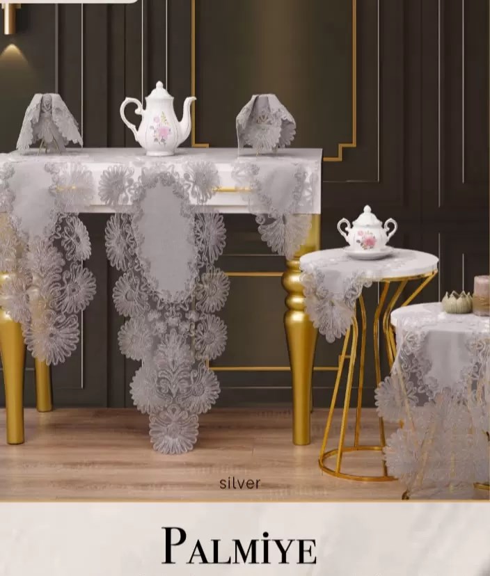 Salon Takımı 7 Parça Keten Masa Örtüsü Runner Seti Çeyizlik Palmiye Model Gri