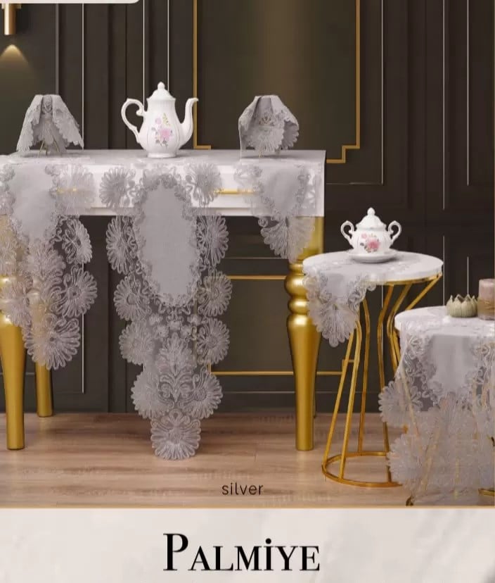 Salon Takımı 7 Parça Keten Masa Örtüsü Runner Seti Çeyizlik Palmiye Model Gri