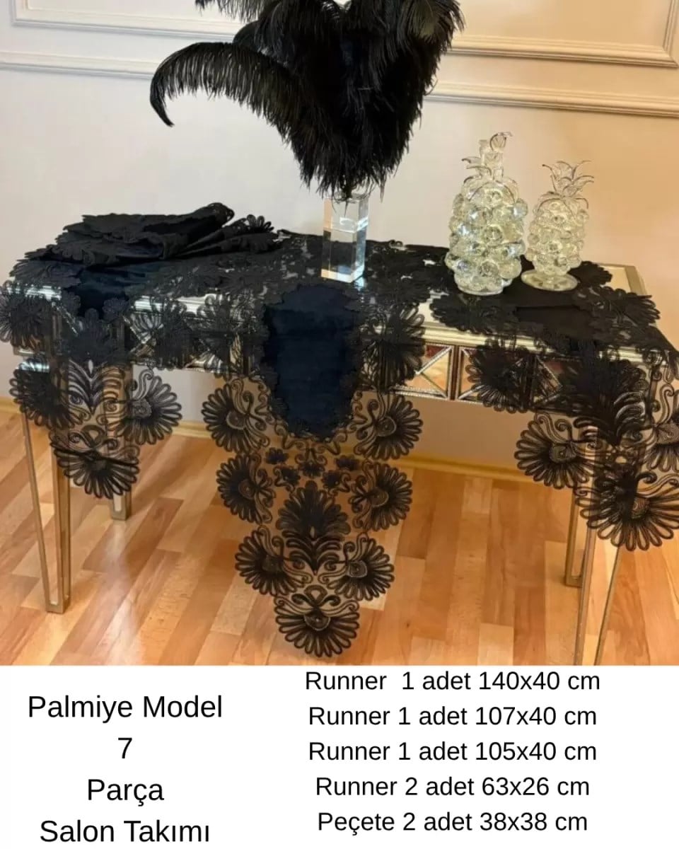 Salon Takımı 7 Parça Keten Runner Seti Çeyizlik Palmiye Model Siyah Masa Örtüsü