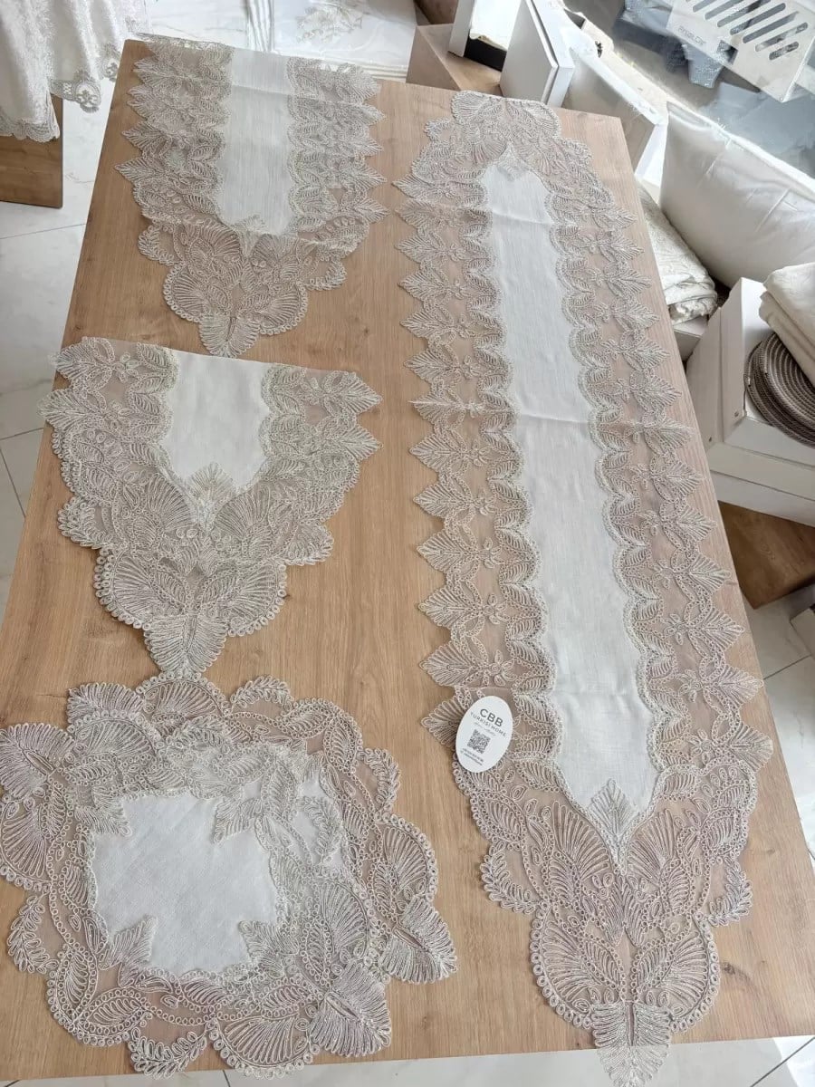 Salon Takımı Angel Çeyizlik Kreme Gold Runner Set 5 Parça Keten Ranır Masa Sehpa Konsol Örtüsü