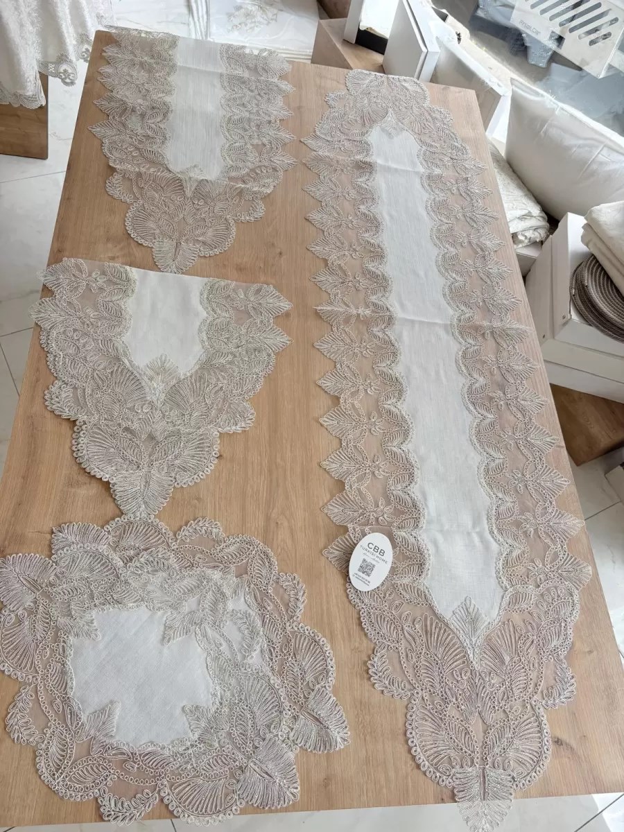 Salon Takımı Angel Çeyizlik Kreme Gold Runner Set 5 Parça Keten Ranır Masa Sehpa Konsol Örtüsü