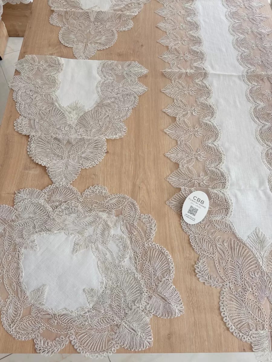 Salon Takımı Angel Çeyizlik Kreme Gold Runner Set 5 Parça Keten Ranır Masa Sehpa Konsol Örtüsü