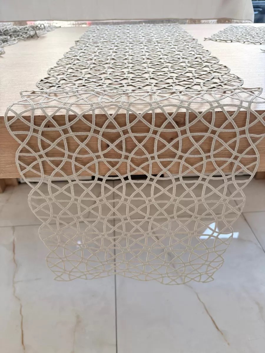 Salon Takımı Angles Çeyizlik Krem Runner Set 5 Parça İşlemeli Ranır Masa Sehpa Konsol Örtüsü