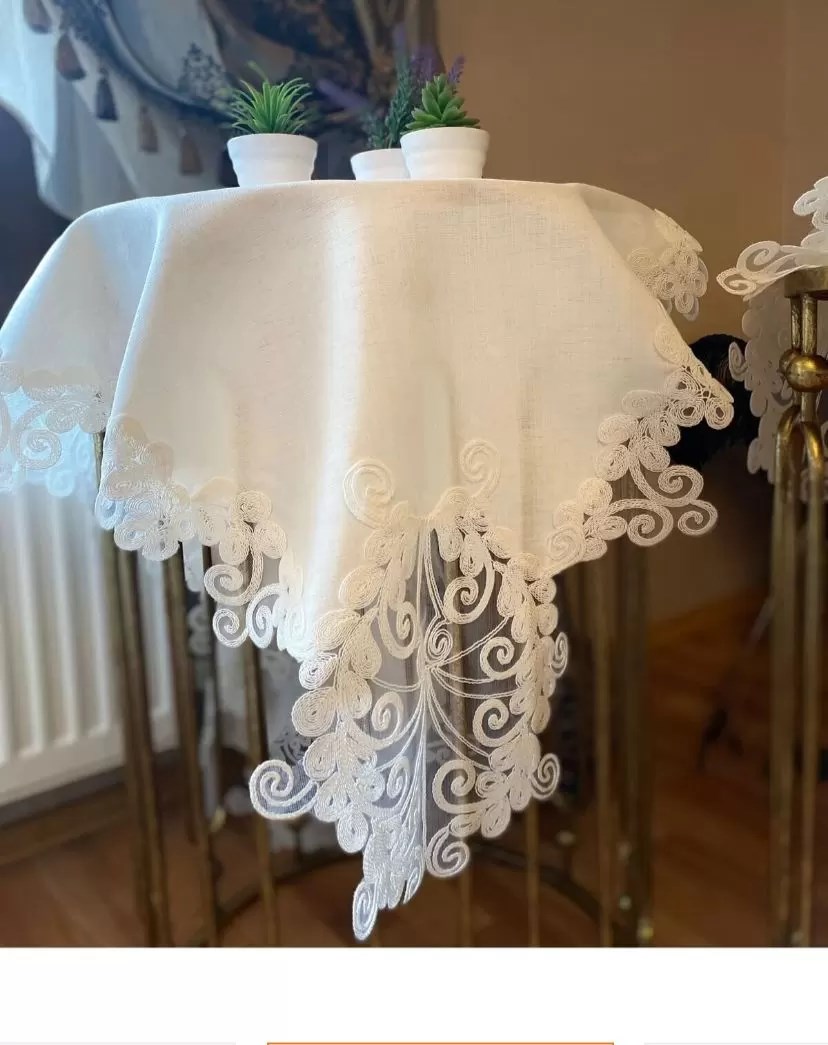 Salon Takımı Anna Model Krem 5 Parça Keten Dantelli Runner Seti Masa Örtüsü No 963