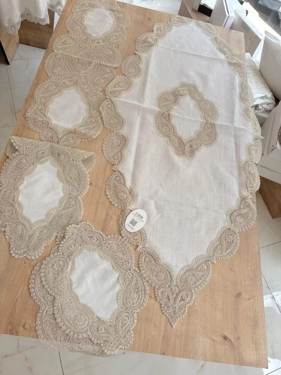 Salon Takımı Bellisima Çeyizlik Kreme Kapi Runner Set 5 Parça Keten Ranır Masa Sehpa Konsol Örtüsü