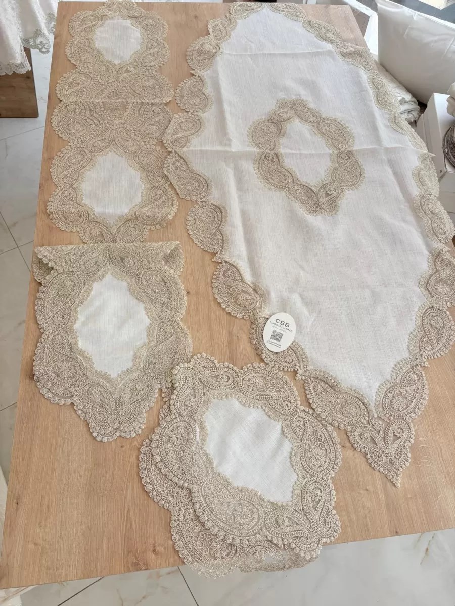 Salon Takımı Bellisima Çeyizlik Kreme Kapi Runner Set 5 Parça Keten Ranır Masa Sehpa Konsol Örtüsü