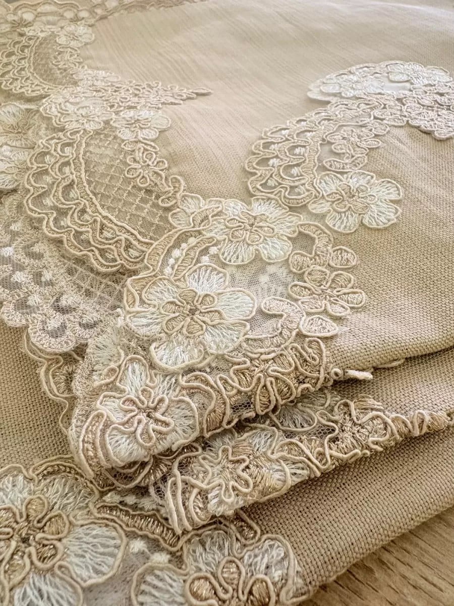 Salon Takımı Çeyizlik Firuze Model Kapiçino 5 Parça Keten Dantelli Runner Seti