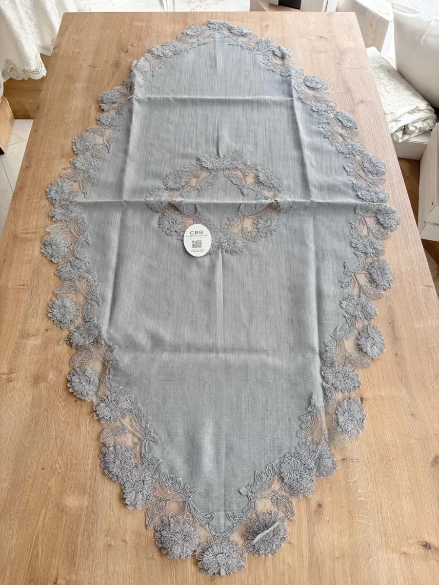 Salon Takımı Çeyizlik Gri Runner Set 5 Parça Keten Masa Örtüsü Runneri Flowers
