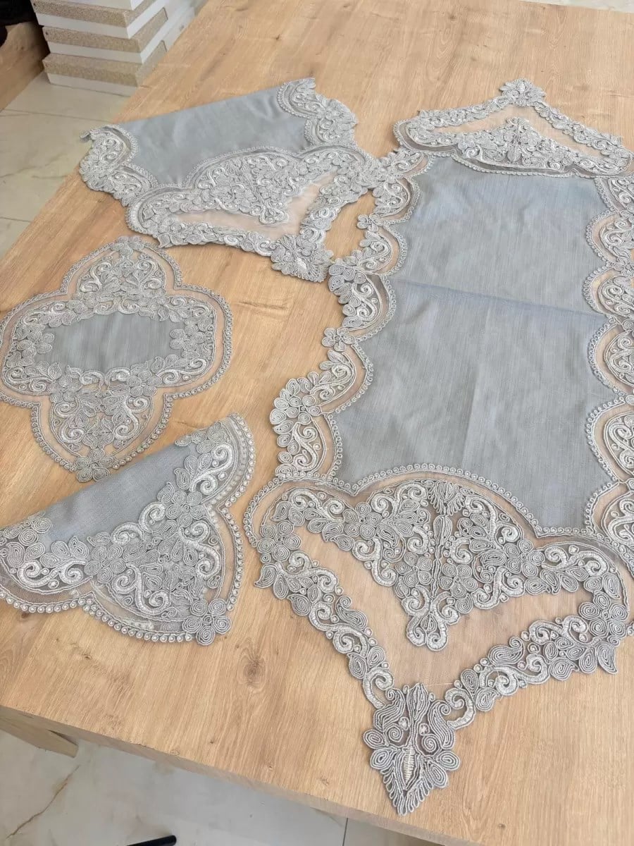Salon Takımı Çeyizlik Gri Runner Set 5 Parça Keten Masa Örtüsü Runneri Gerdan