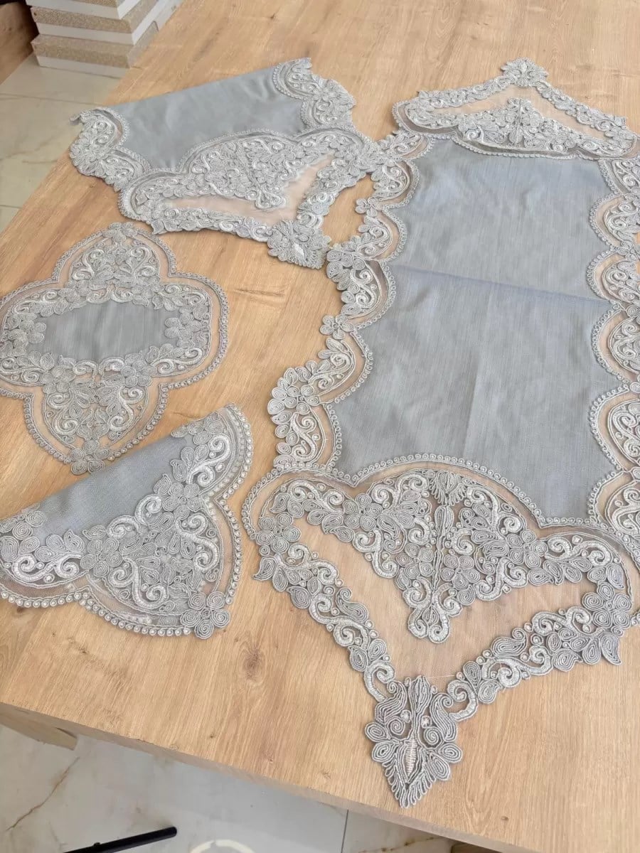 Salon Takımı Çeyizlik Gri Runner Set 5 Parça Keten Masa Örtüsü Runneri Gerdan